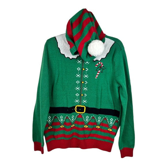 Ugly Christmas Sweater Santa’s Helper Elf Sz Medium with Hood - Picture 4 of 4